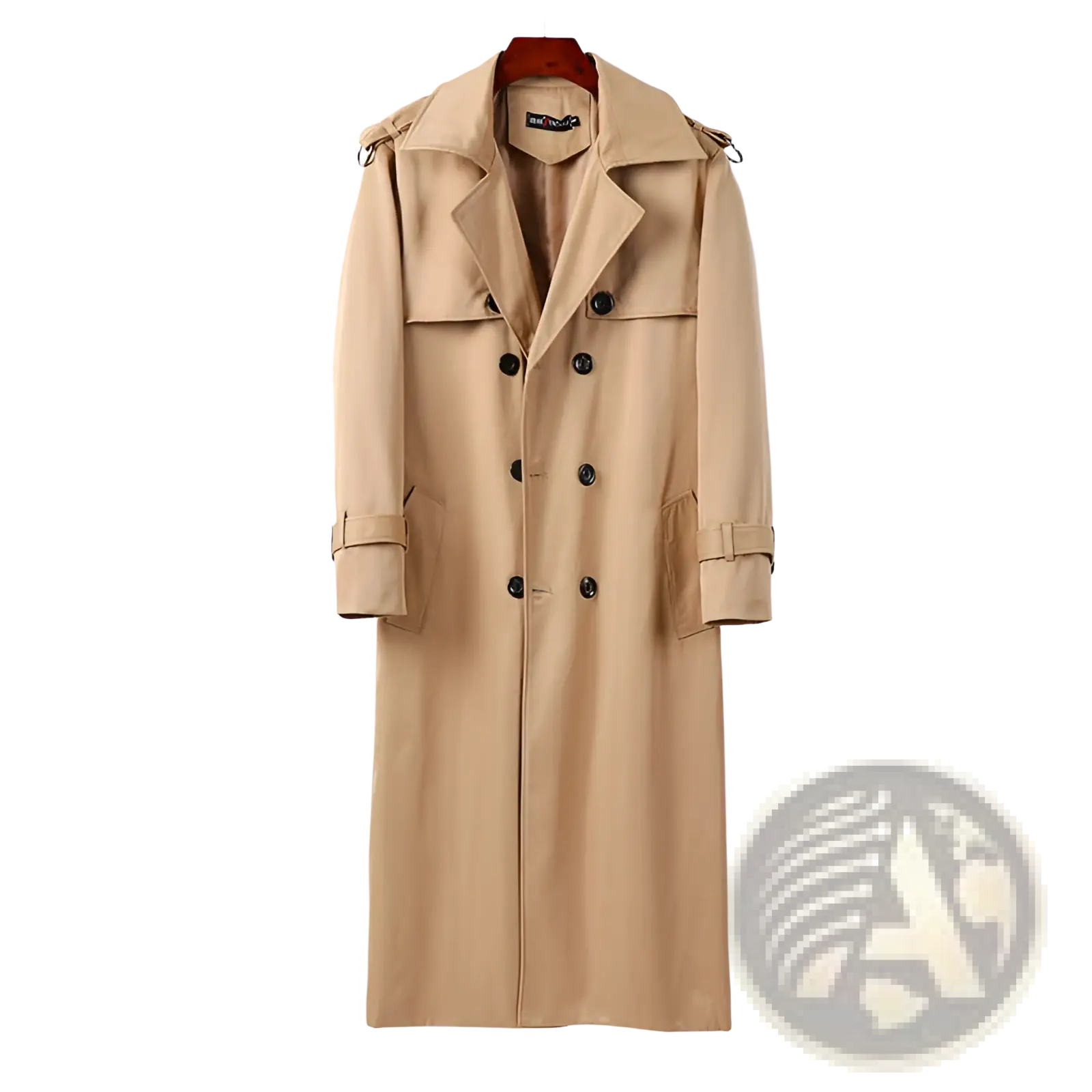 Beige trench coat with black buttons and shoulder straps shown from the back for plus size men thickened over-knee design