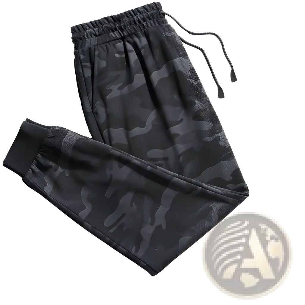 Plus size mens athletic jogger pants in black camouflage with elastic waistband and drawstrings for comfortable wear