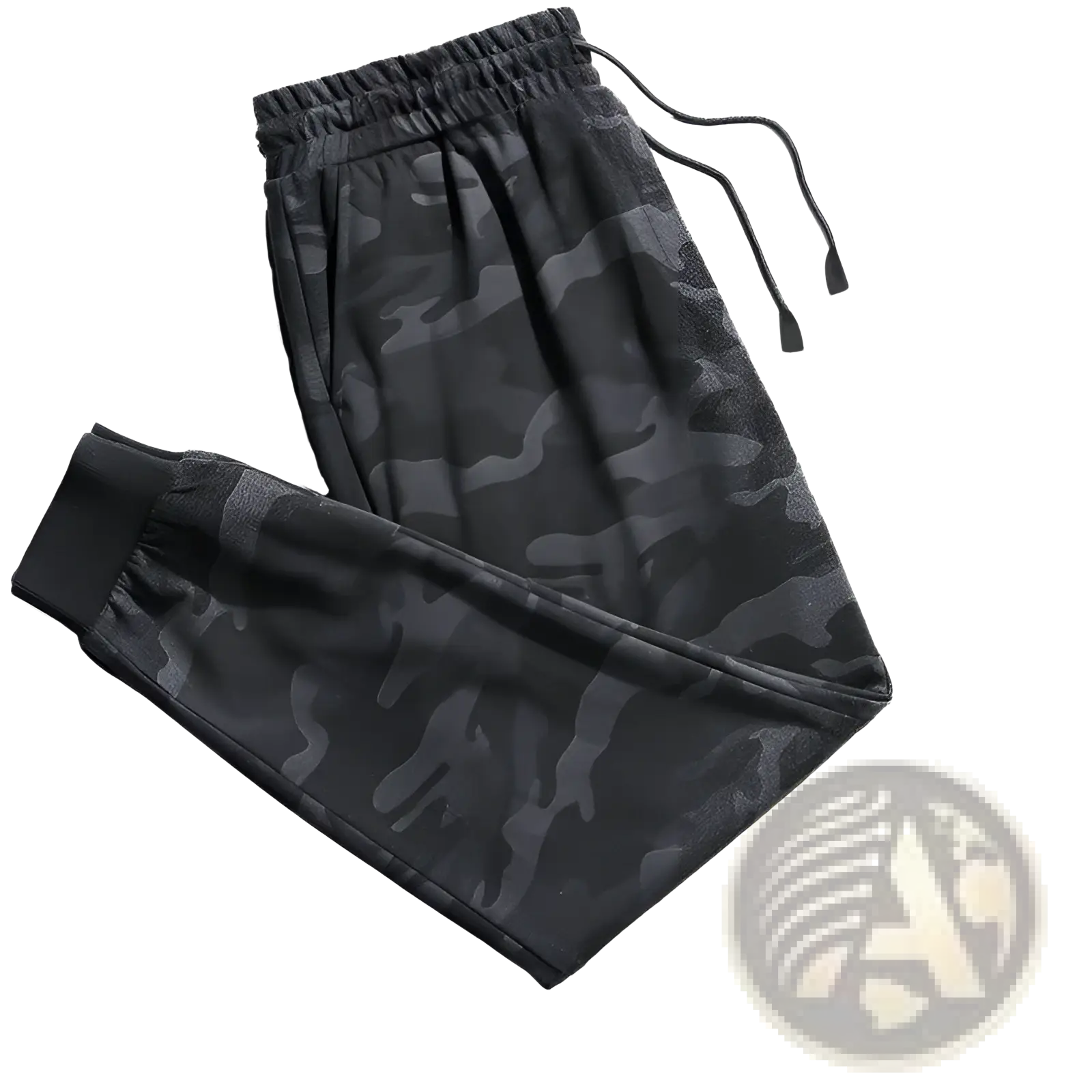 Plus size mens athletic jogger pants in black camouflage with elastic waistband and drawstrings for comfortable wear