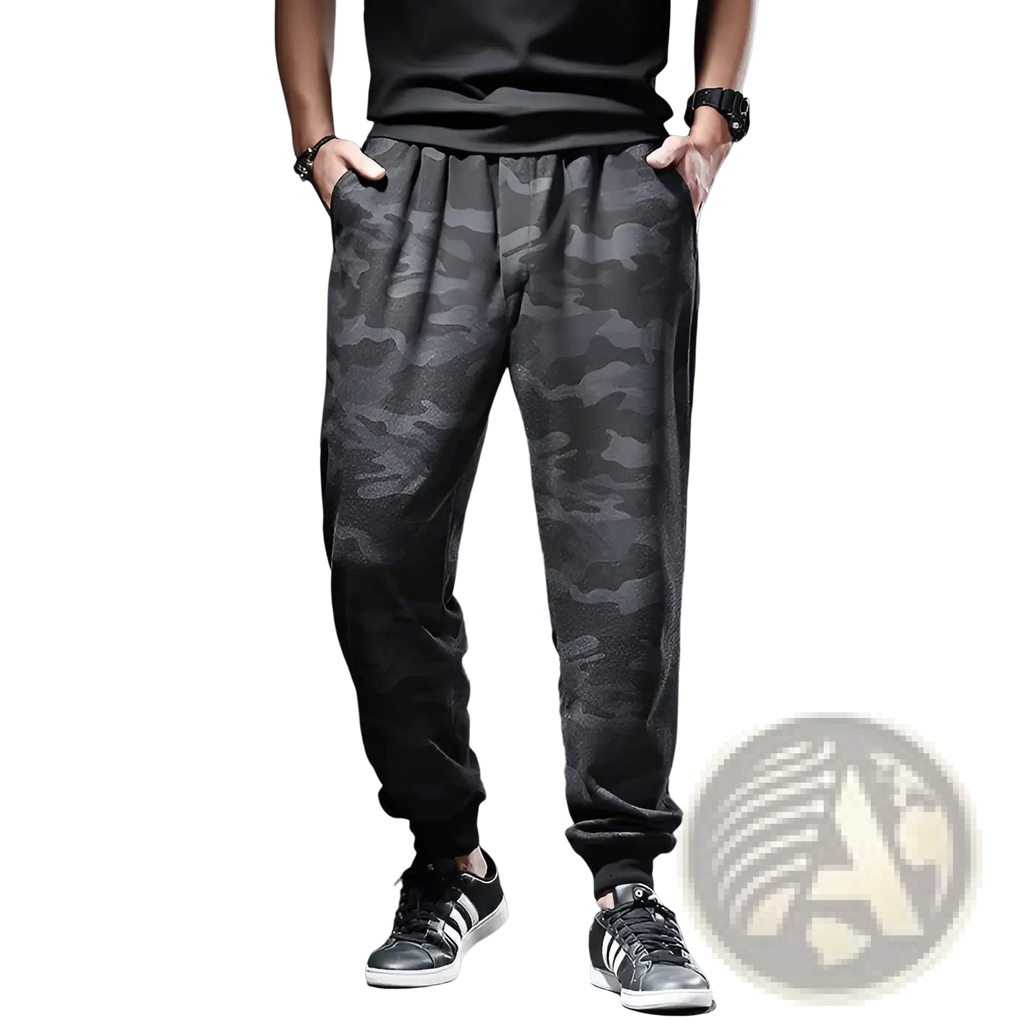 Plus size mens athletic jogger pants in black and gray camouflage pattern with elastic cuffs for comfortable wear
