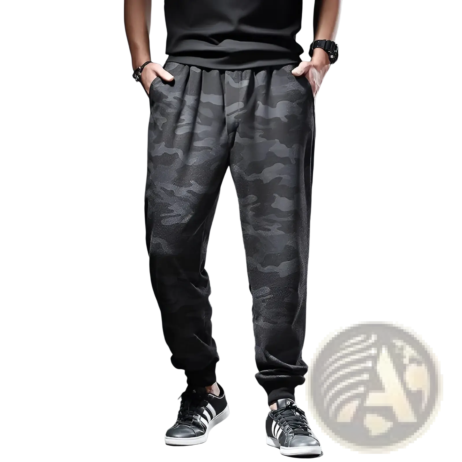 Plus size mens athletic jogger pants in black and gray camouflage pattern with elastic cuffs for comfortable wear
