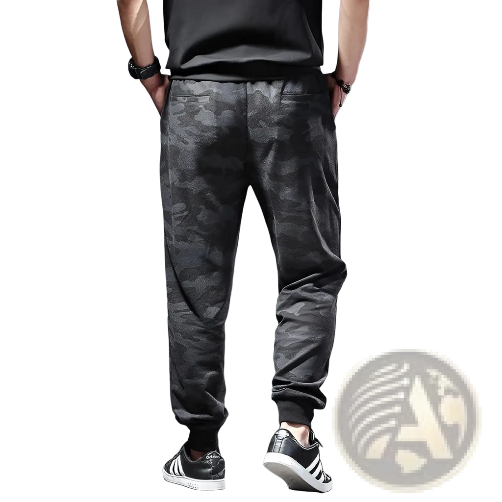 Plus size mens athletic jogger pants in dark gray camouflage with relaxed fit and elastic cuffs for comfort and style