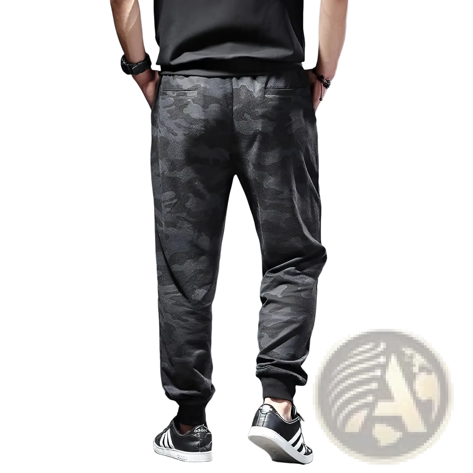 Plus size mens athletic jogger pants in dark gray camouflage with relaxed fit and elastic cuffs for comfort and style