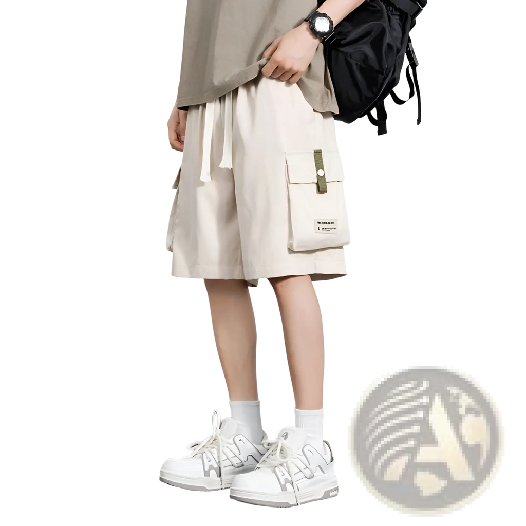 Beige plus size mens casual cargo shorts with side pockets and drawstring waistband for loose fit sportwear