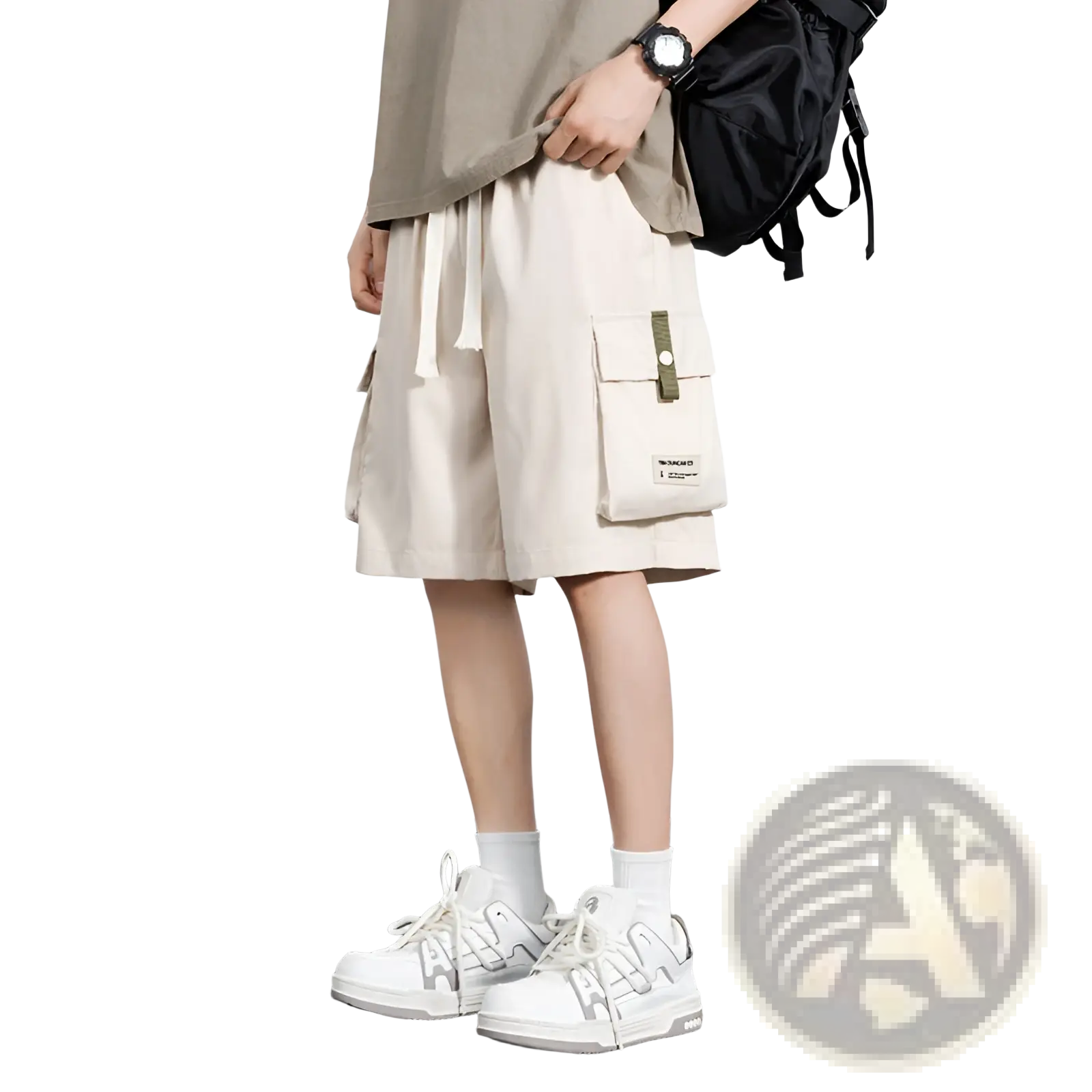 Beige plus size mens casual cargo shorts with side pockets and drawstring waistband for loose fit sportwear