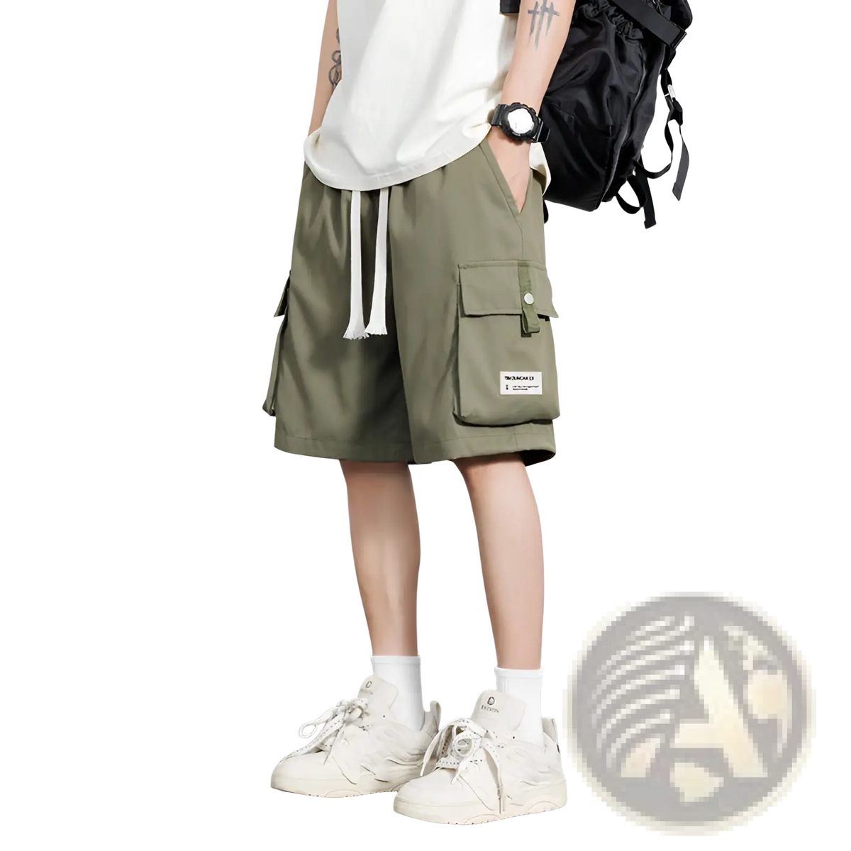 Olive green plus size men’s casual cargo shorts with white drawstrings and front pocket featuring a small label