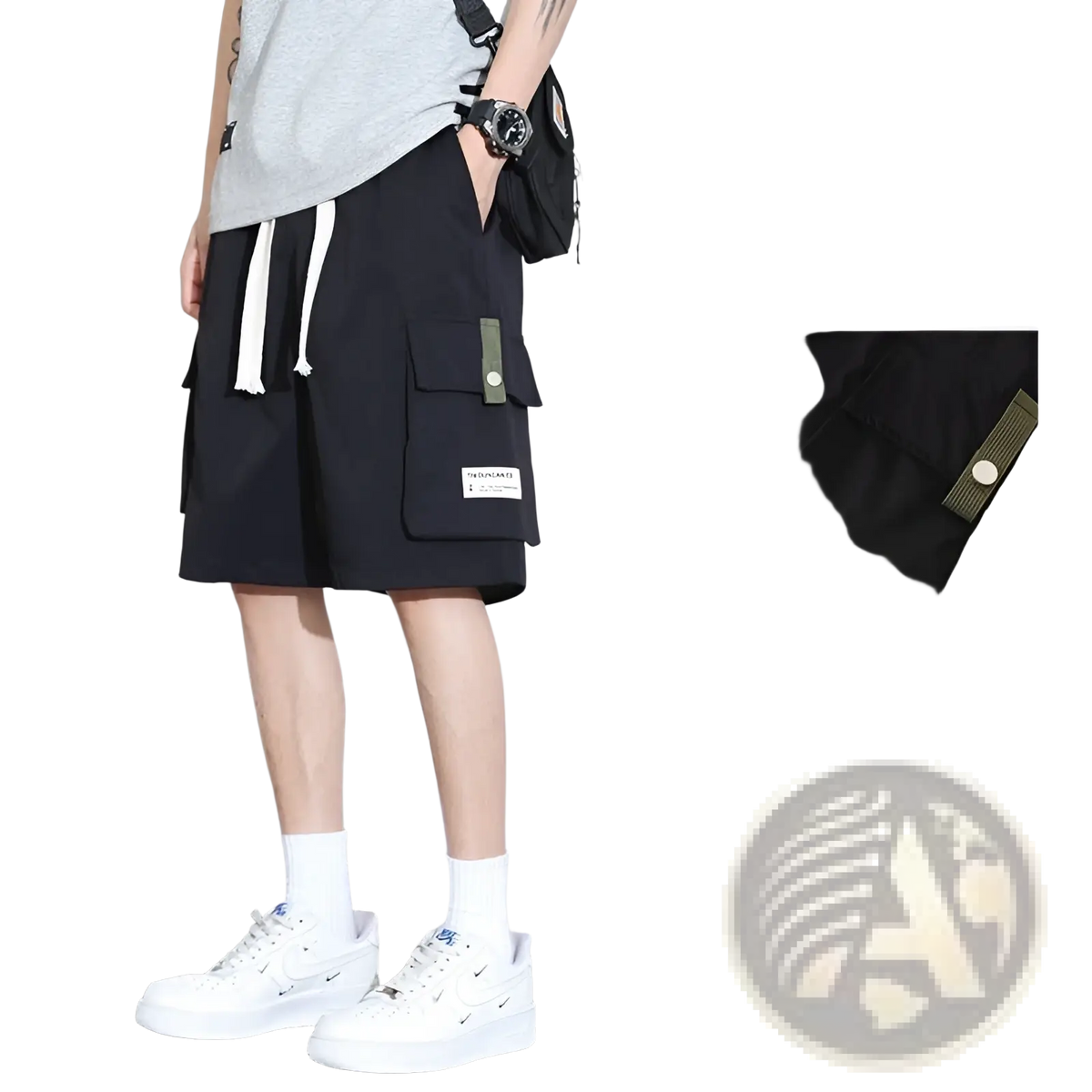 Plus size mens casual black cargo shorts with white drawstrings and branded patch on pocket for loose fit sportwear