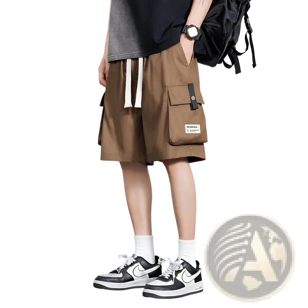 Plus size mens casual brown cargo shorts with white drawstrings and black flap pocket featuring small label