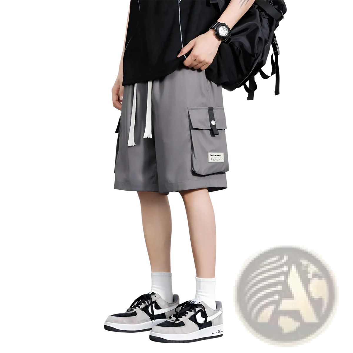 Plus size mens casual gray cargo shorts with white drawstrings, black flap pocket, and small brand label on the side