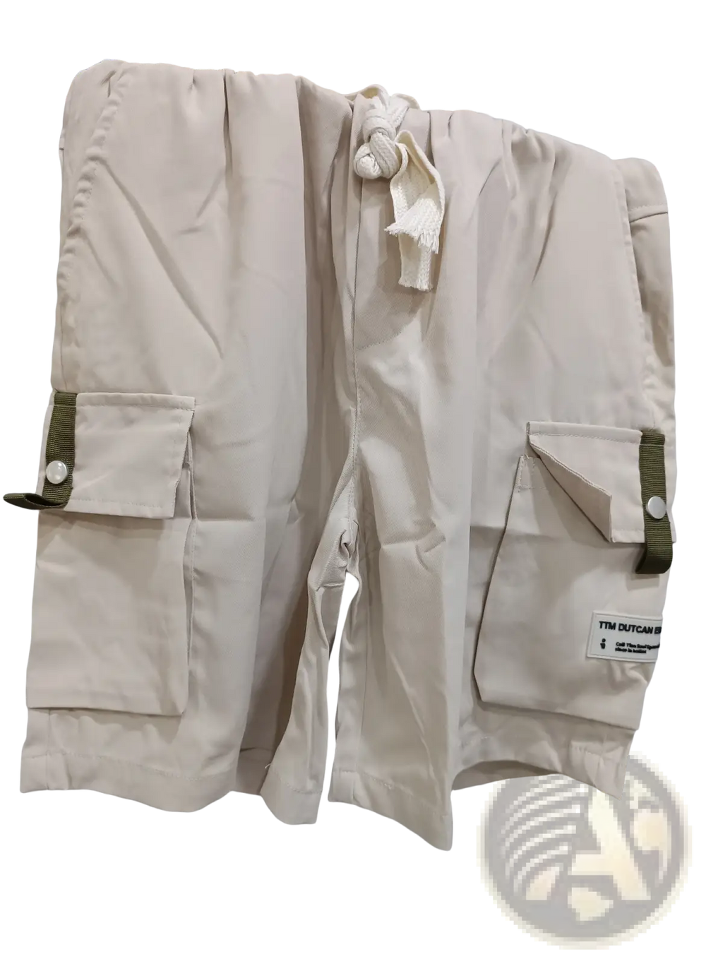 Plus size mens beige cargo shorts with olive green strap accents and white drawstring waistband for casual wear