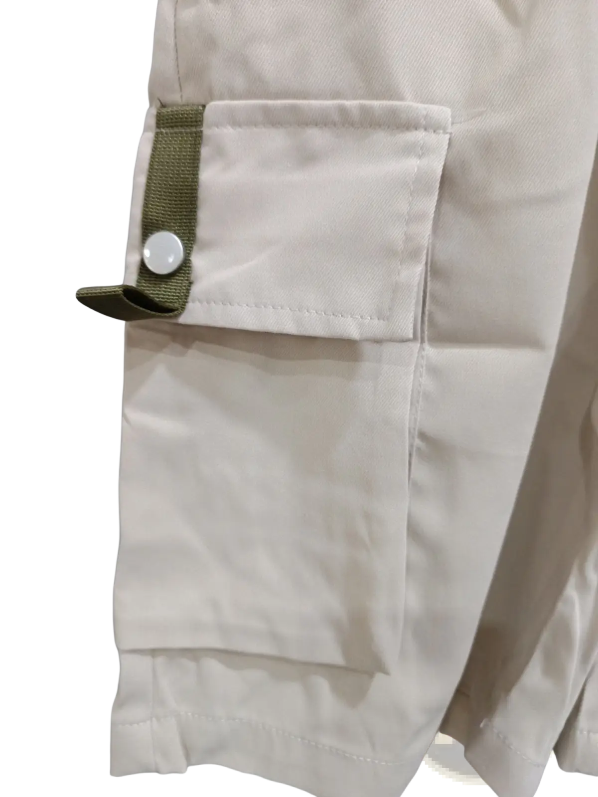 Plus size mens casual cargo shorts in beige with olive green webbing and white button closure for loose fit comfort