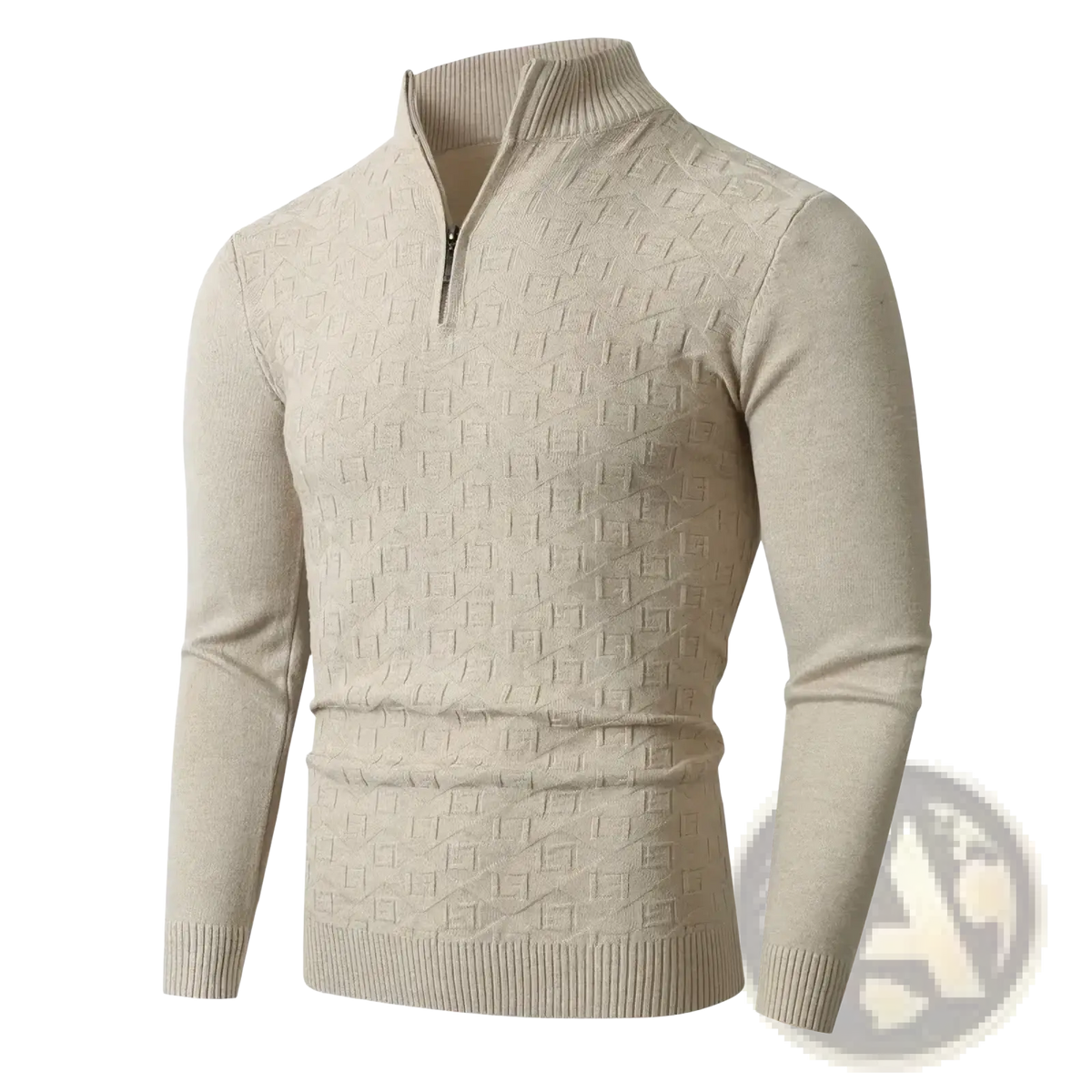 Plus size mens beige half zip knit sweater with subtle geometric pattern and ribbed cuffs made of cable knit material