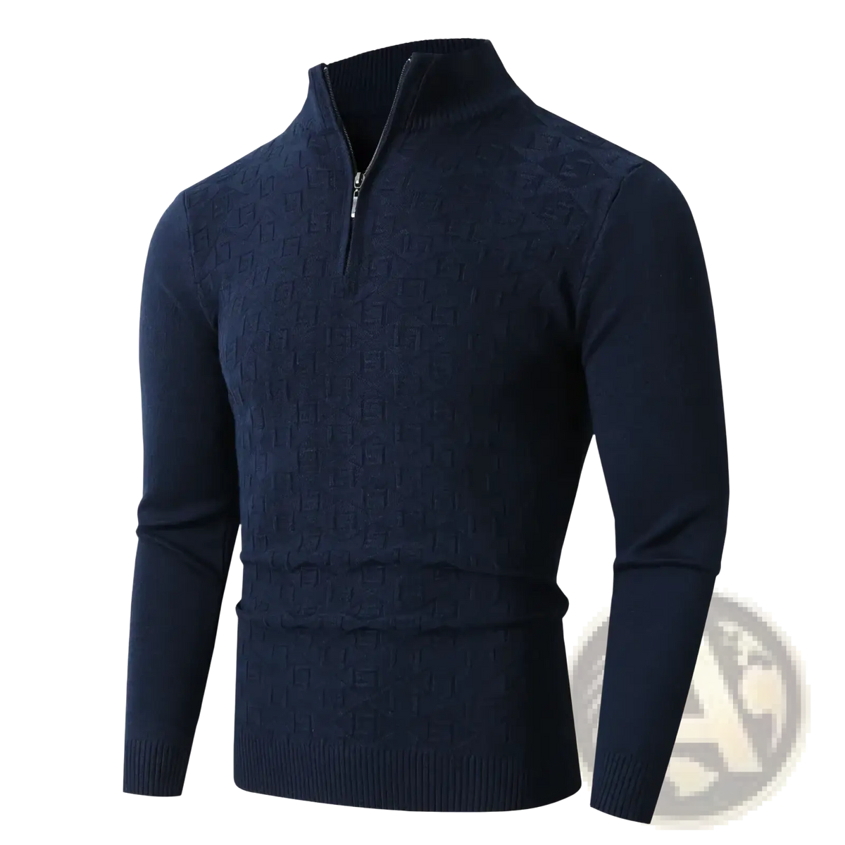 Plus size mens half zip cable knit sweater in dark navy blue with subtle geometric pattern and ribbed cuffs