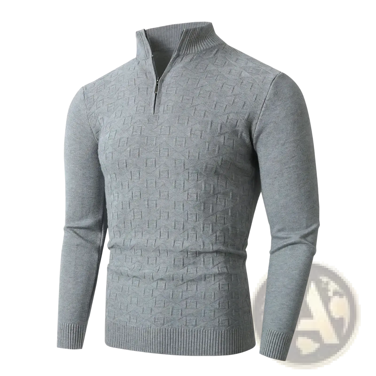 Plus size mens gray half zip sweater with textured geometric cable knit pattern and ribbed cuffs