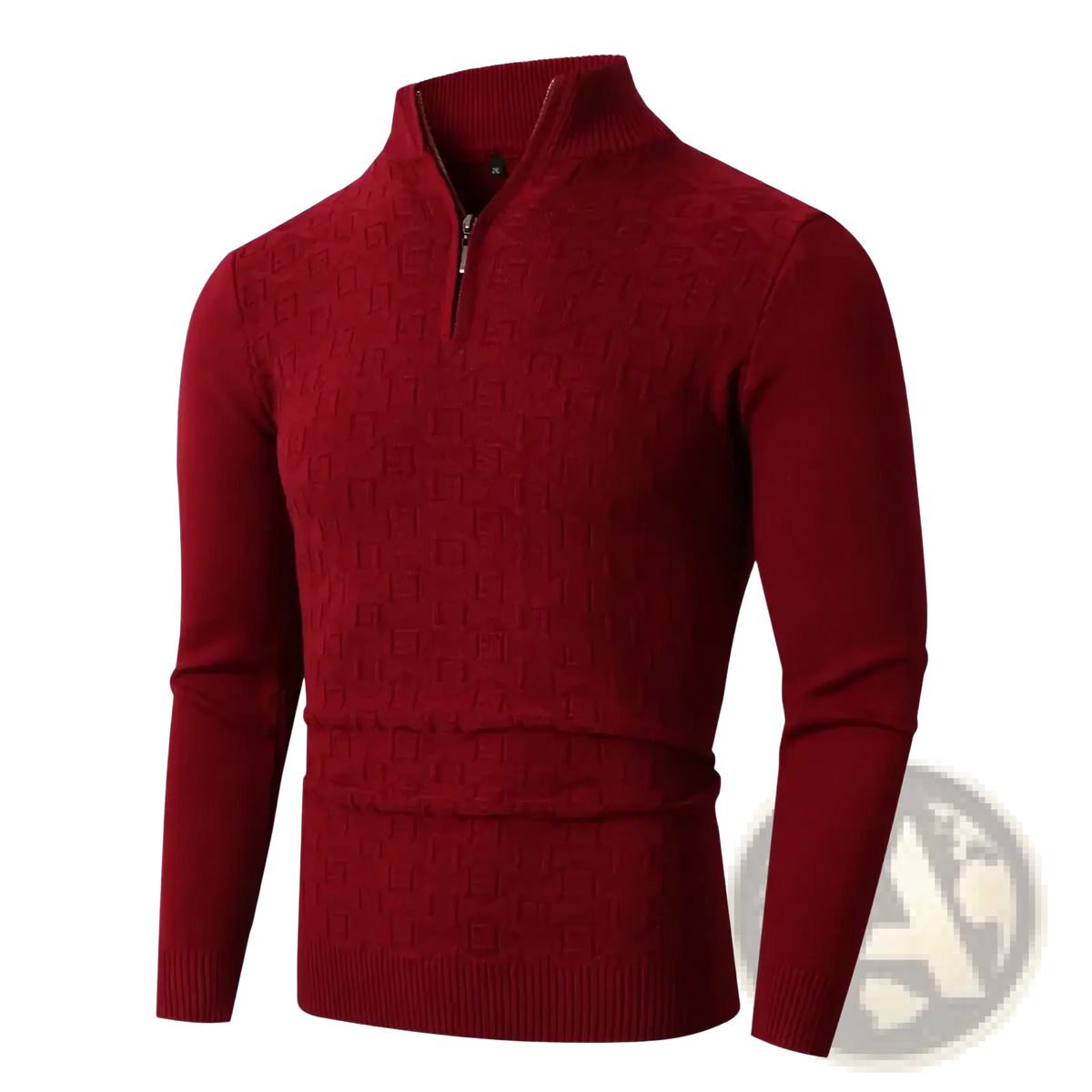 Plus size mens half zip cable knit sweater in rich burgundy with textured knit and ribbed cuffs