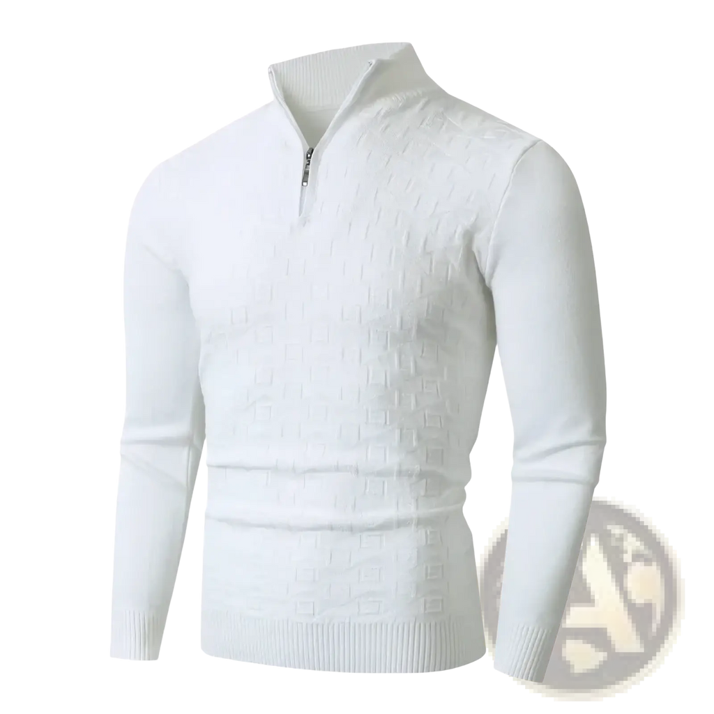 Plus size mens white half zip cable knit sweater with subtle textured pattern and half-zip collar in knit fabric