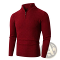 Plus size mens half zip cable knit sweater in rich burgundy with textured pattern and ribbed cuffs made of knit fabric