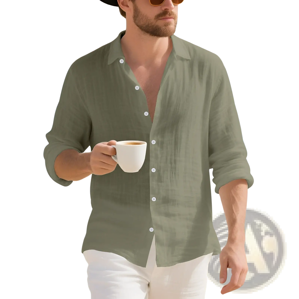 A man wearing a plus size mens sage green linen Hawaiian long sleeve shirt with rolled-up sleeves