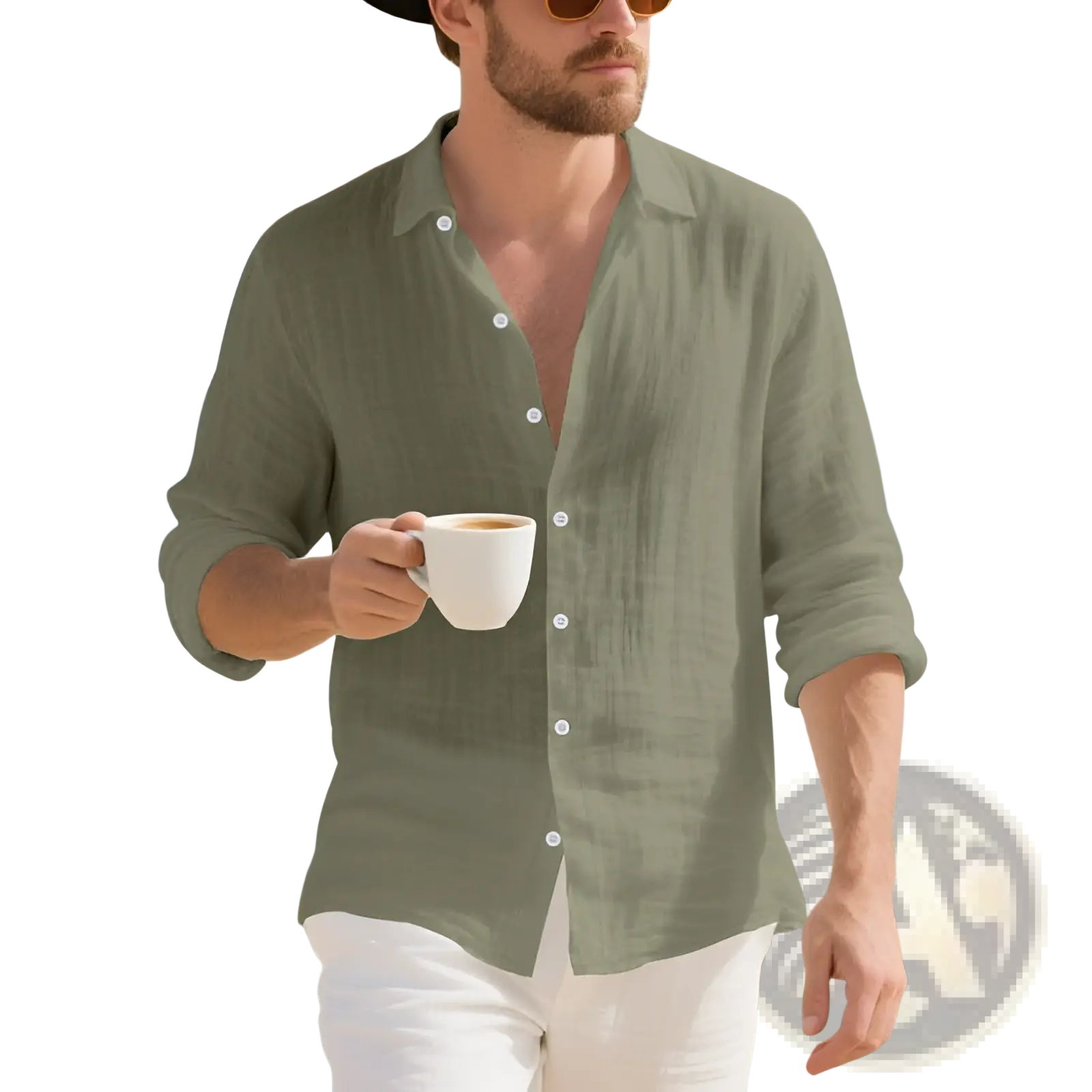 A man wearing a plus size mens sage green linen Hawaiian long sleeve shirt with rolled-up sleeves