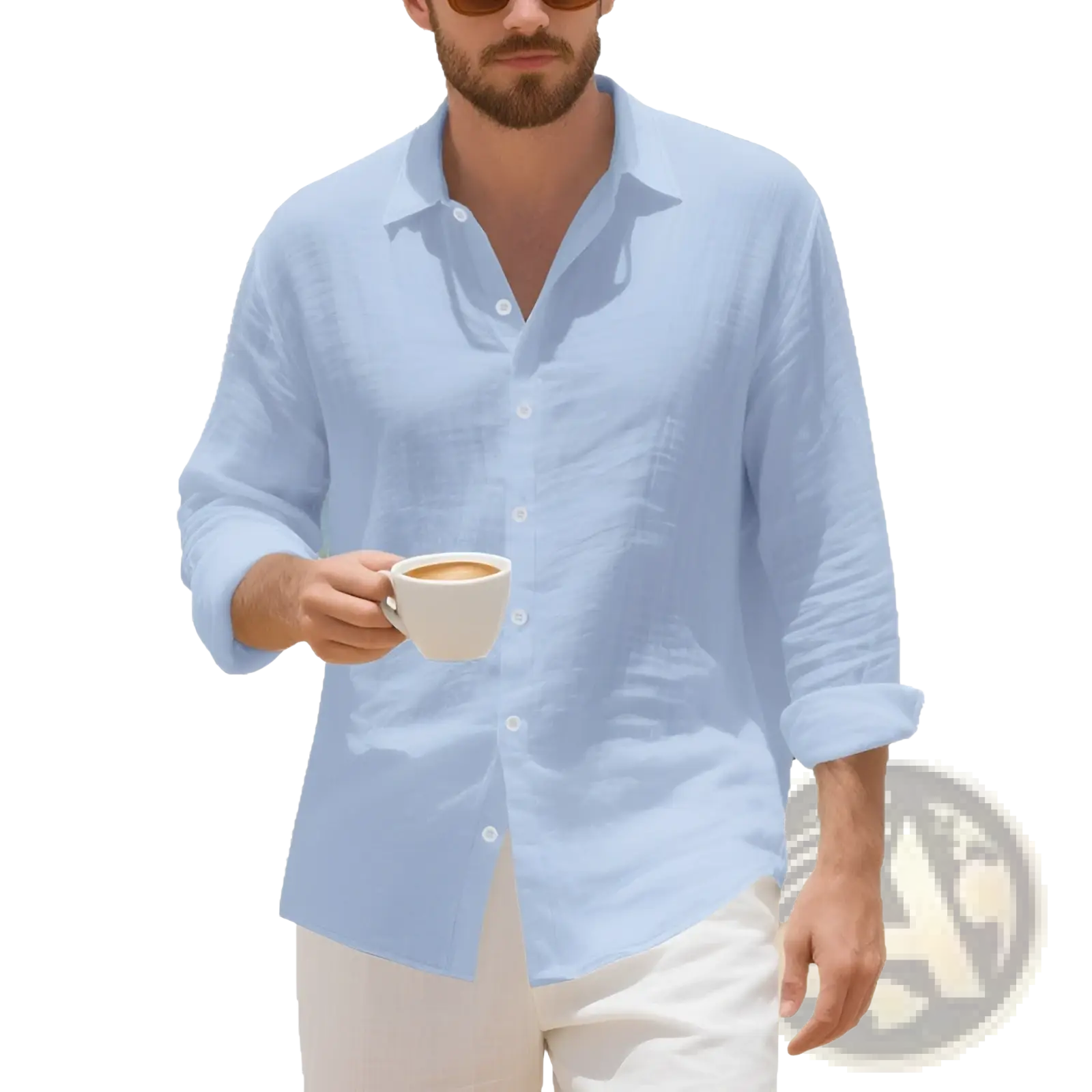 Plus size mens light blue linen Hawaiian long sleeve button-down shirt with rolled-up sleeves