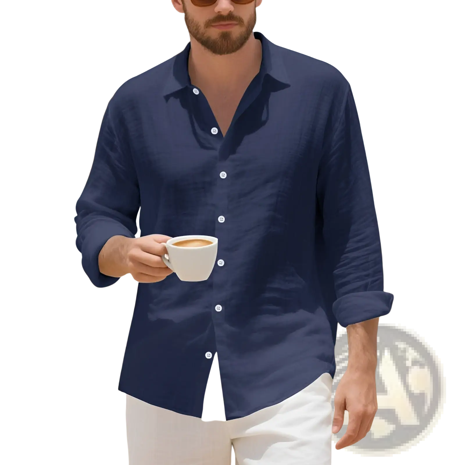 Plus size mens navy blue linen button-down shirt with white buttons and rolled-up sleeves for casual wear