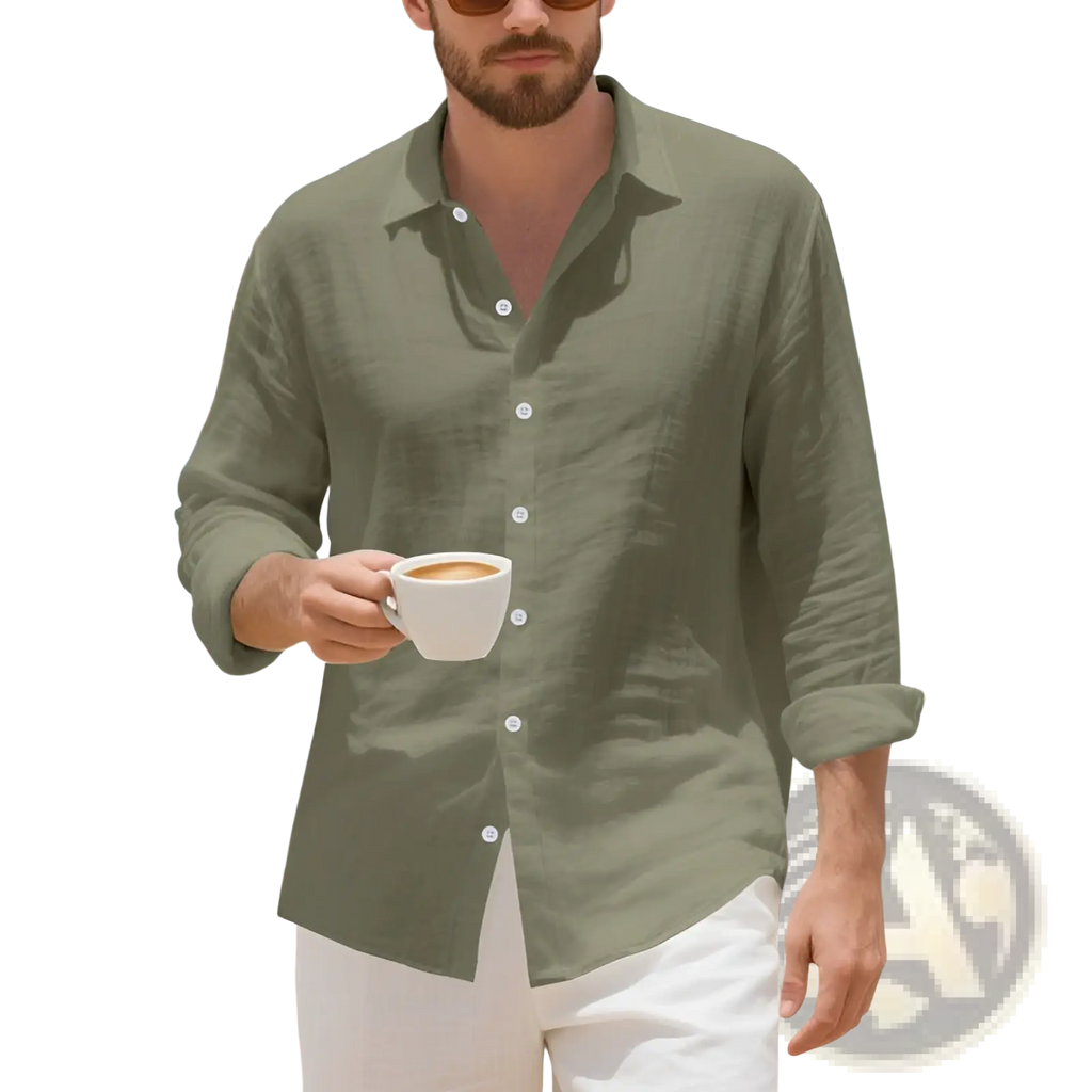 Plus size mens olive green linen button-down shirt with rolled sleeves and white buttons for casual wear