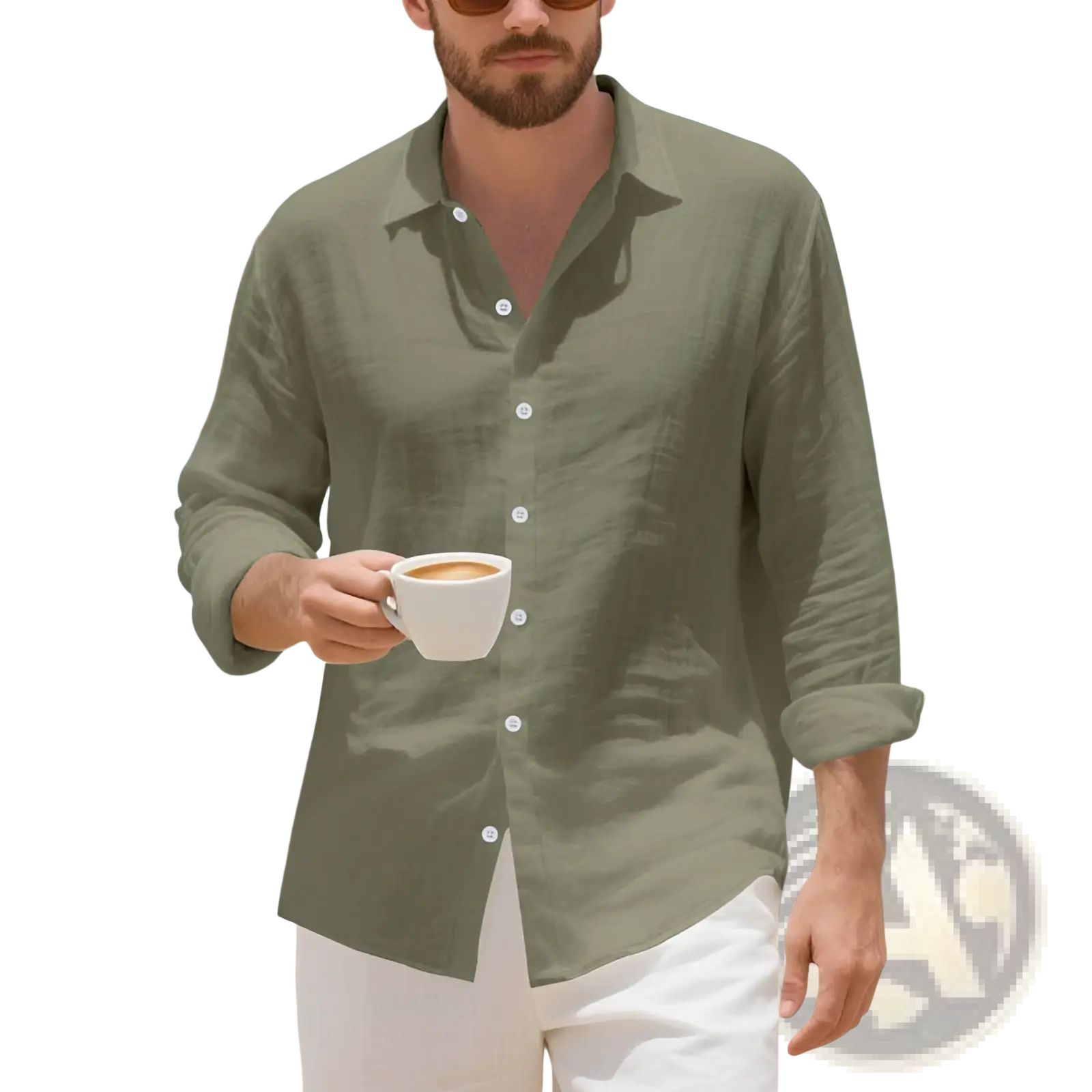 Plus size mens olive green linen button-down shirt with rolled sleeves and white buttons for casual wear