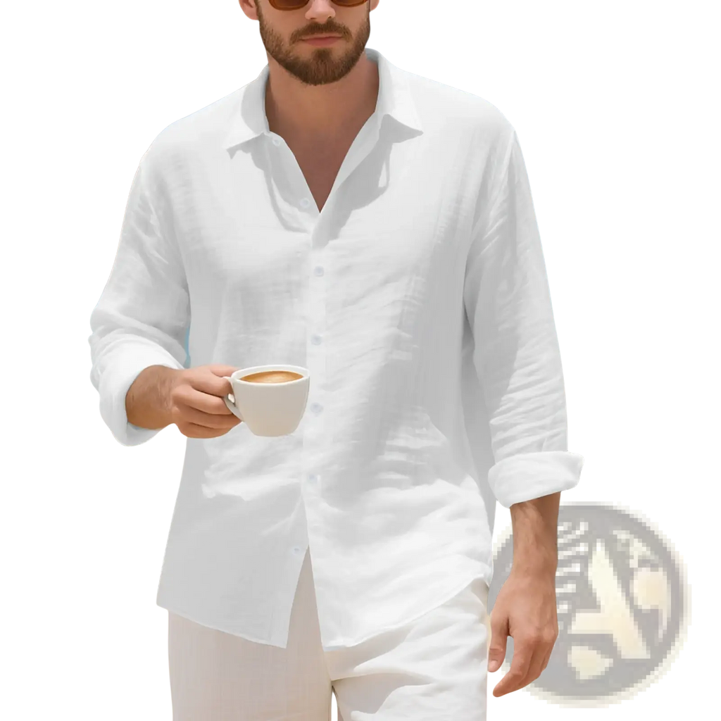 Plus size mens white linen button-down shirt with rolled sleeves and classic collar for Hawaiian style