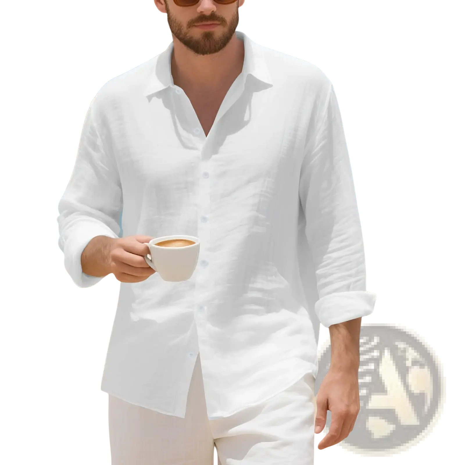 Plus size mens white linen button-down shirt with rolled sleeves and classic collar for Hawaiian style
