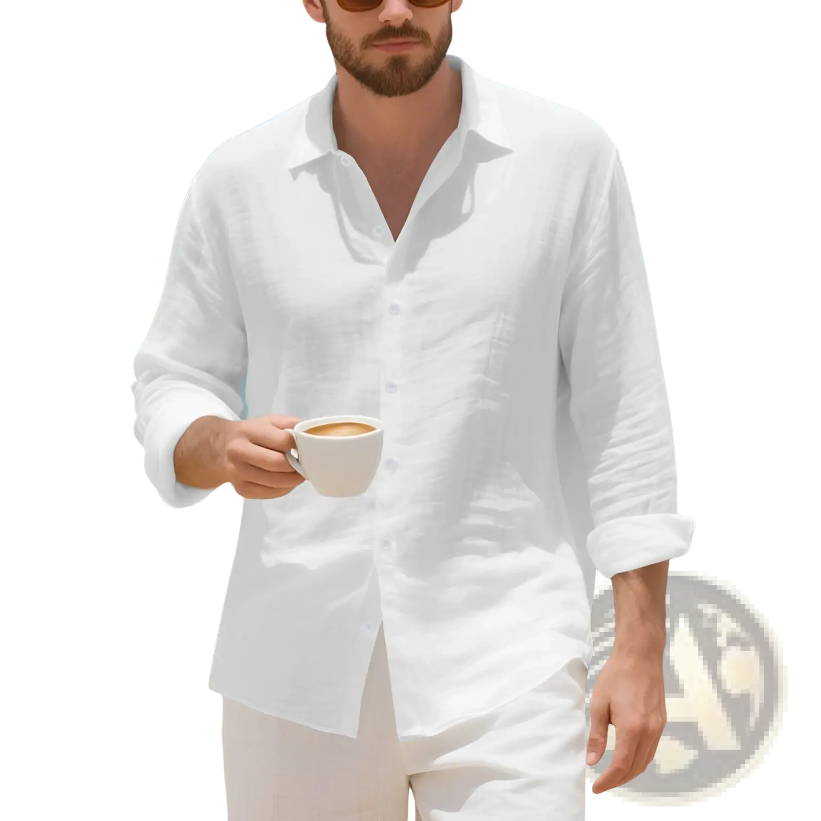 Plus size mens white linen button-down shirt with rolled sleeves designed as a long sleeve hawaiian style shirt
