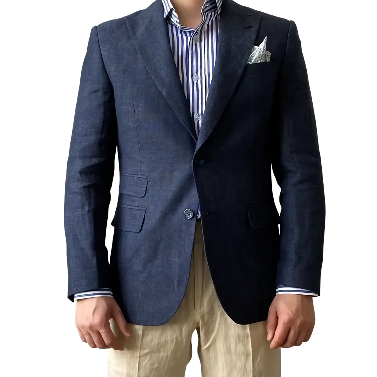 Plus size navy linen suit slim fit jacket with subtle texture paired with matching striped shirt underneath