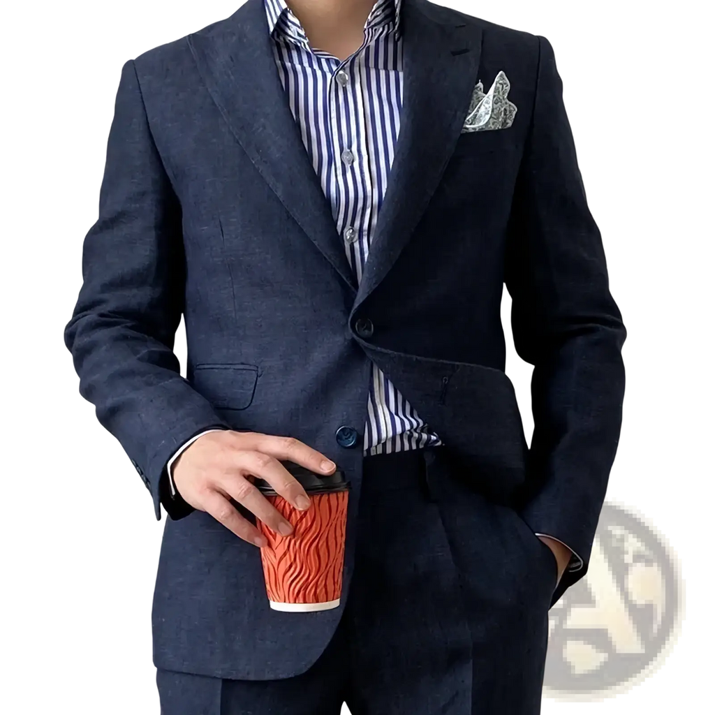 Plus size navy linen slim fit suit jacket in textured wool paired with striped shirt and patterned pocket square