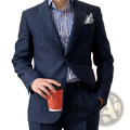 Plus size navy linen slim fit suit jacket in textured wool paired with striped shirt and patterned pocket square