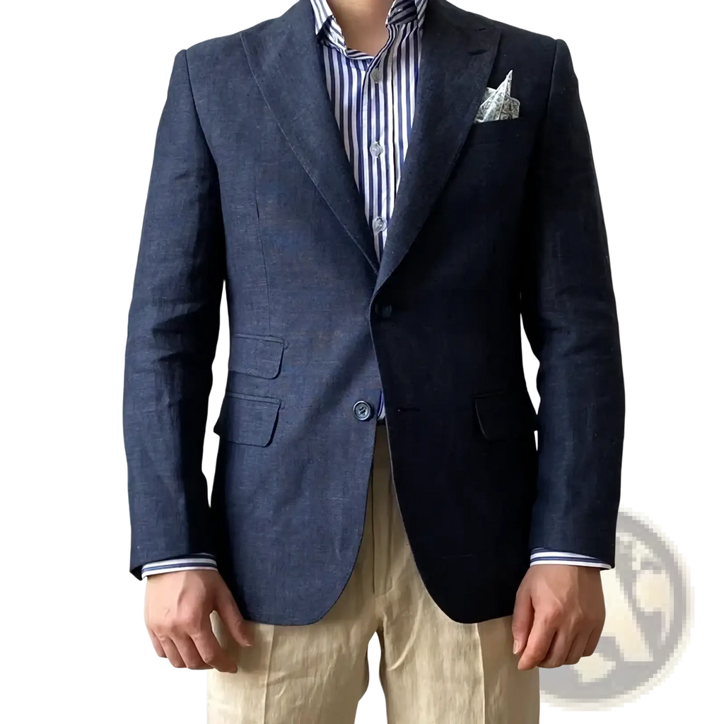 Plus size navy linen suit slim fit jacket with subtle texture paired with matching striped shirt underneath