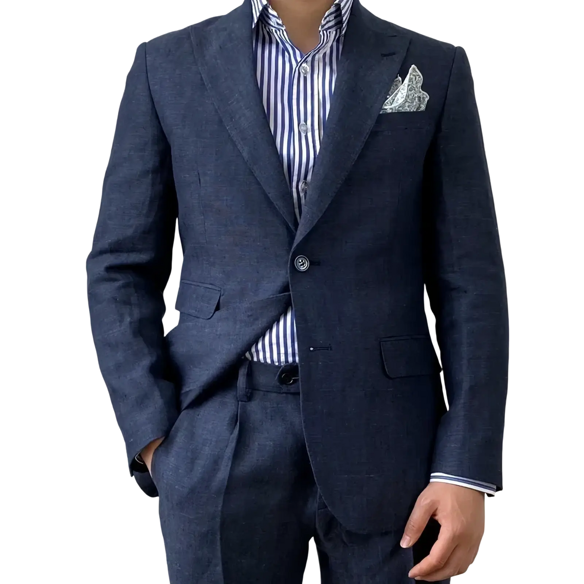 Plus size navy linen suit slim fit jacket in textured wool paired with a striped shirt and patterned pocket square