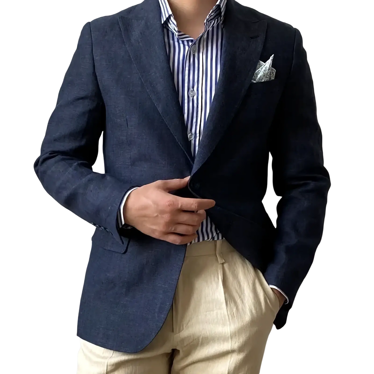 Plus size navy linen suit slim fit jacket with textured weave worn over a striped shirt and beige trousers