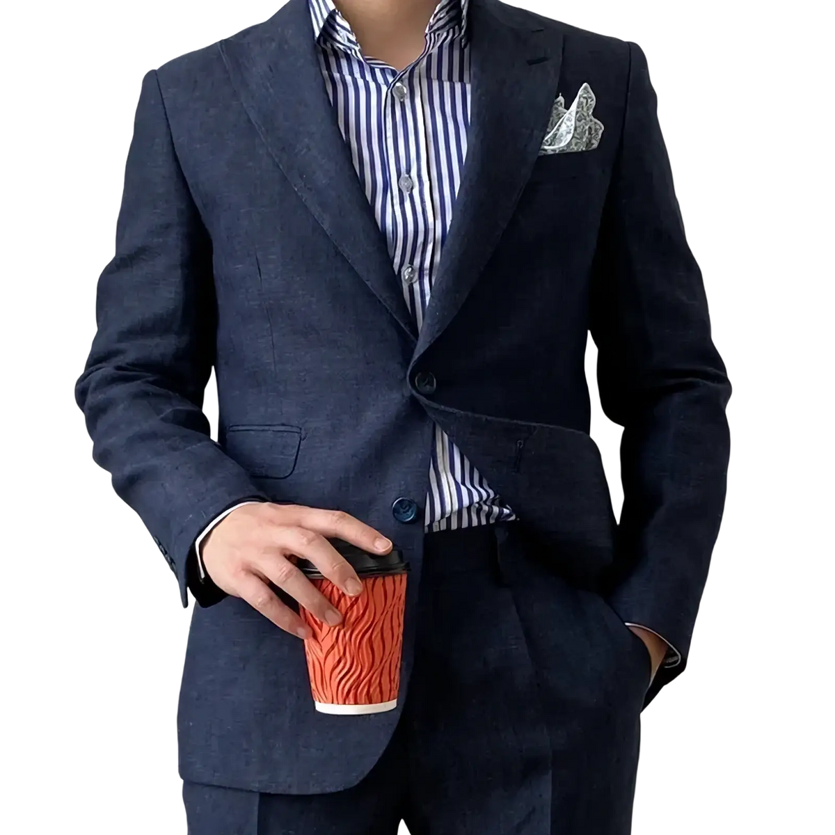 Plus size navy linen slim fit suit jacket in textured wool paired with striped shirt and patterned pocket square