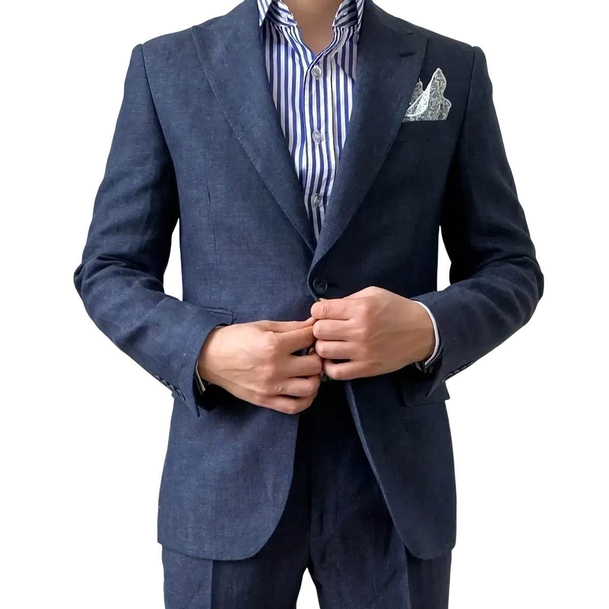 Plus size navy linen suit slim fit jacket textured wool blazer with notched lapels and patterned pocket square