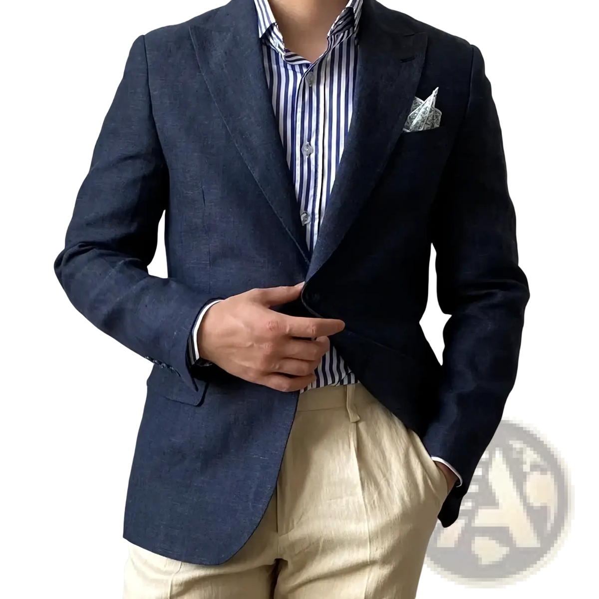 Plus size navy linen suit slim fit jacket with textured weave worn over a striped shirt and beige trousers