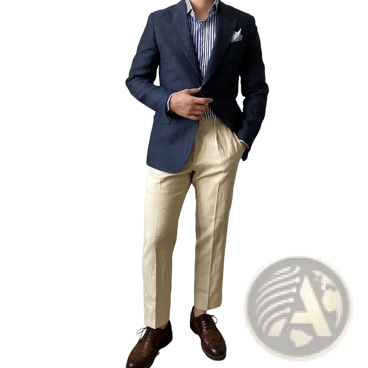Plus size navy linen suit slim fit jacket with textured subtle pattern and matching pocket square for formal wear