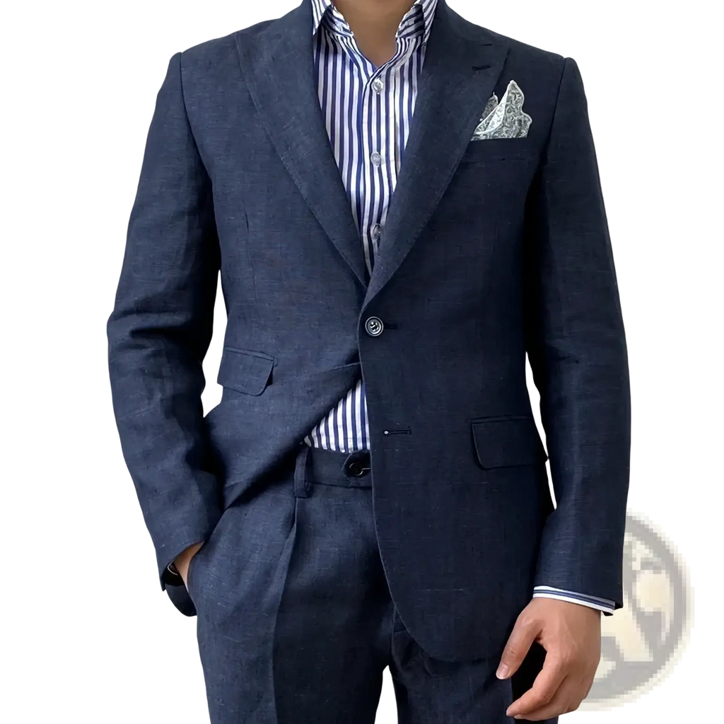 Plus size navy linen suit slim fit jacket in textured wool paired with a striped shirt and patterned pocket square