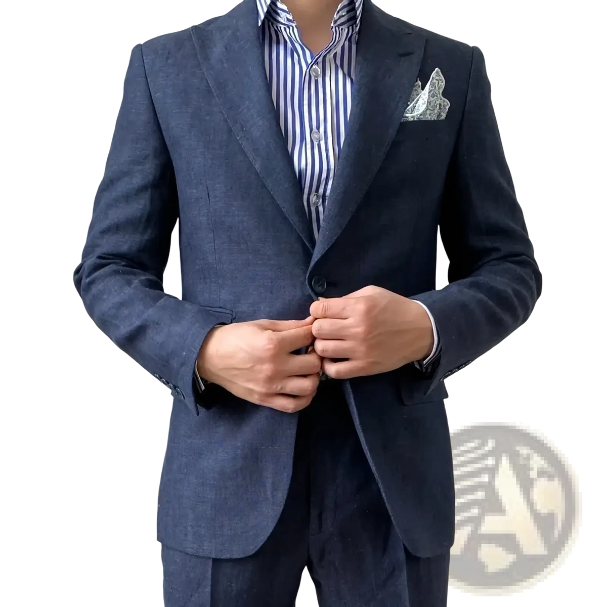 Plus size navy linen suit slim fit jacket textured wool blazer with notched lapels and patterned pocket square