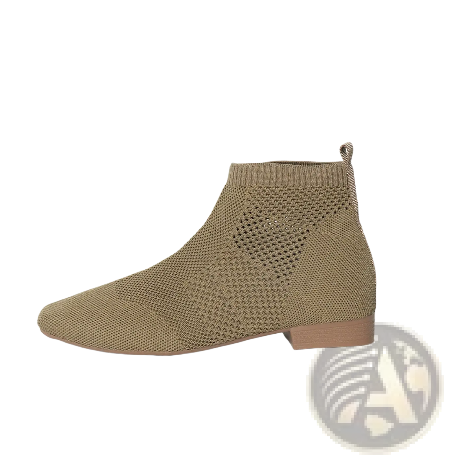 Plus size tan pointed toe knit ankle boots with heel featuring a low block heel and breathable mesh design