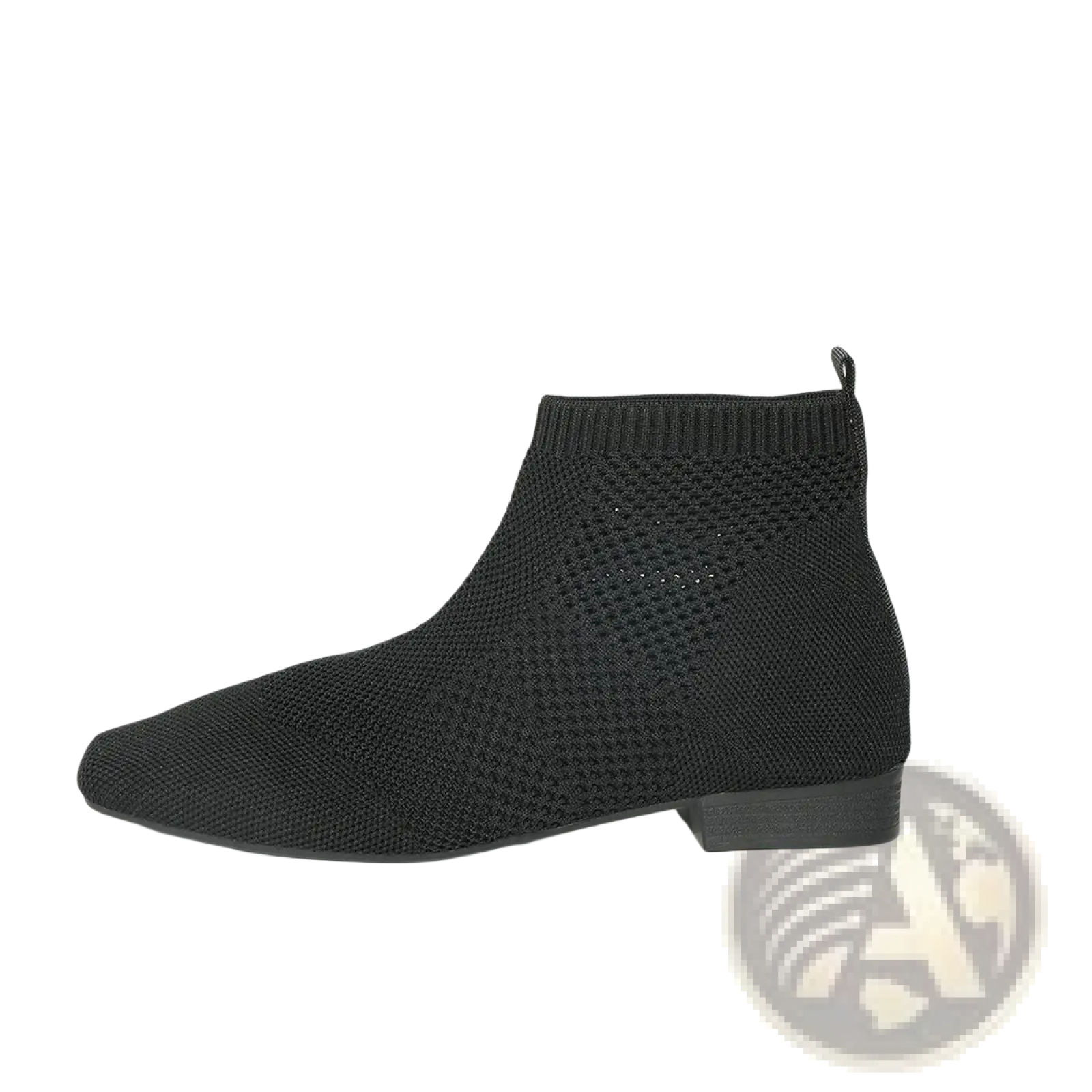 Black knit ankle boot with square toe and low block heel suitable for plus size wear