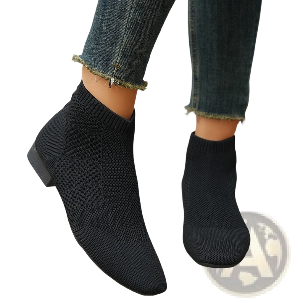 Plus size pointed toe knit ankle boots in black with sleek breathable mesh and low block heels