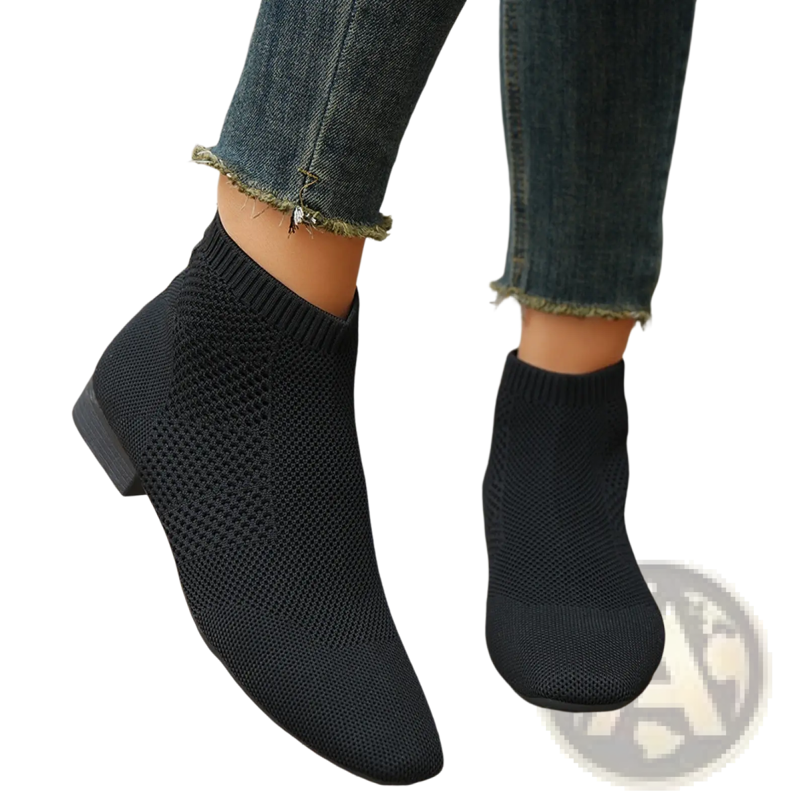 Plus size pointed toe knit ankle boots in black with sleek breathable mesh and low block heels