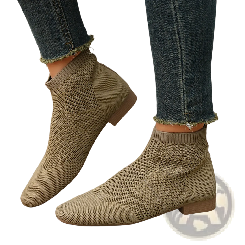 Plus size pointed toe olive green knit ankle boots with low block heel and breathable mesh design