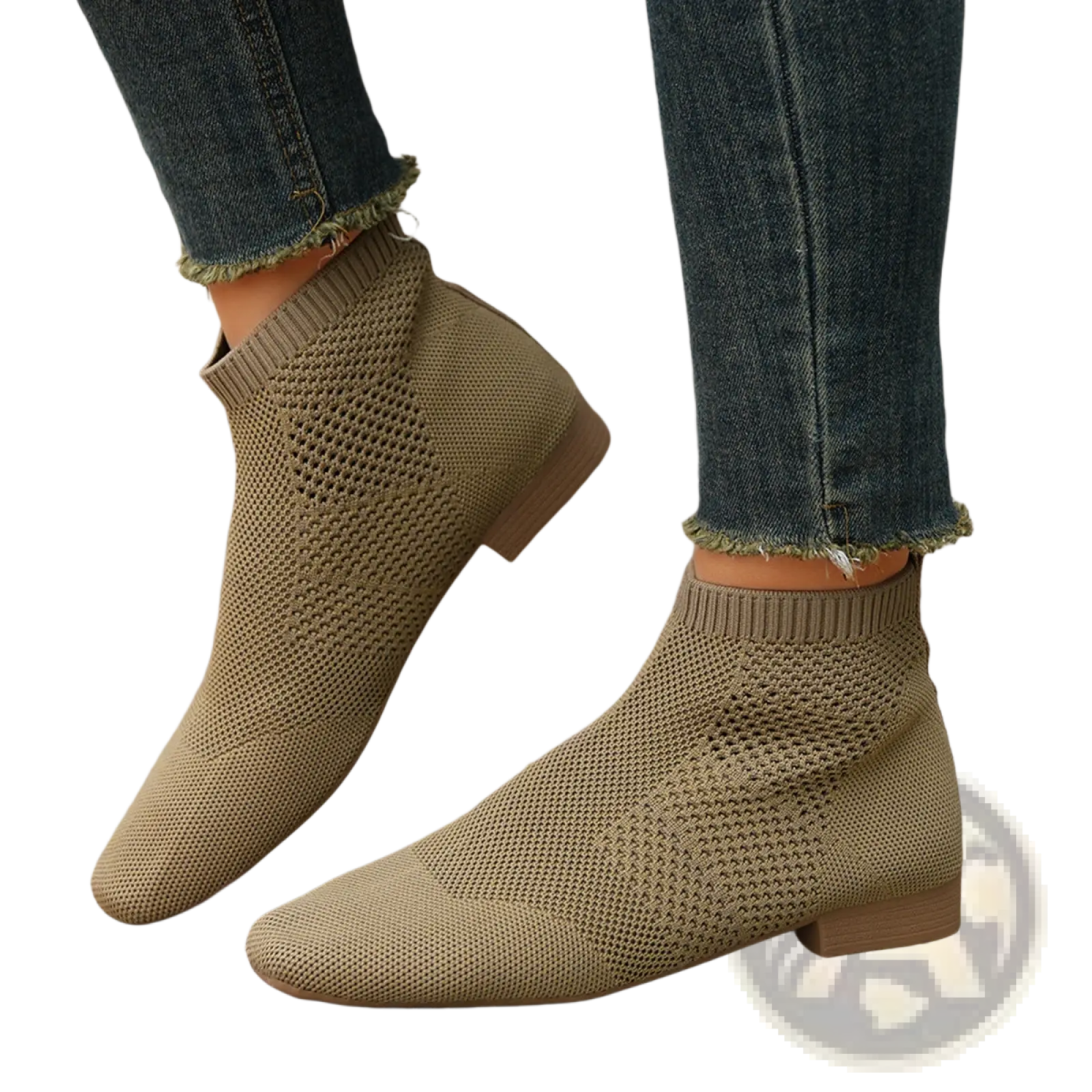 Plus size pointed toe olive green knit ankle boots with low block heel and breathable mesh design