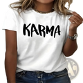Plus size white cotton crew neck t-shirt with bold black karma lettering printed across the chest