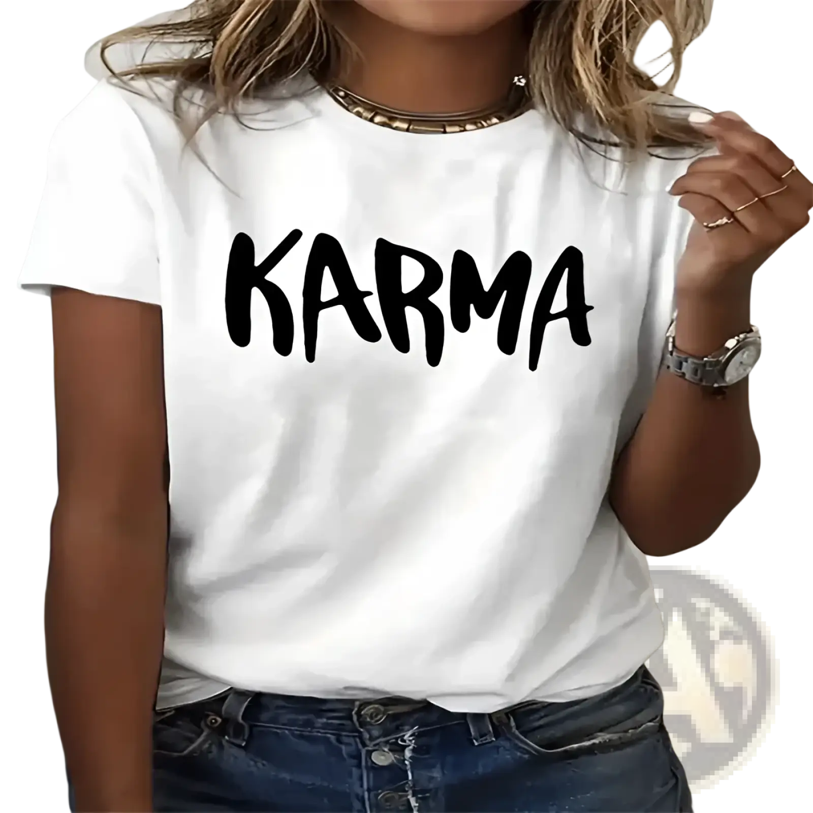 Plus size white cotton crew neck t-shirt with bold black karma lettering printed across the chest